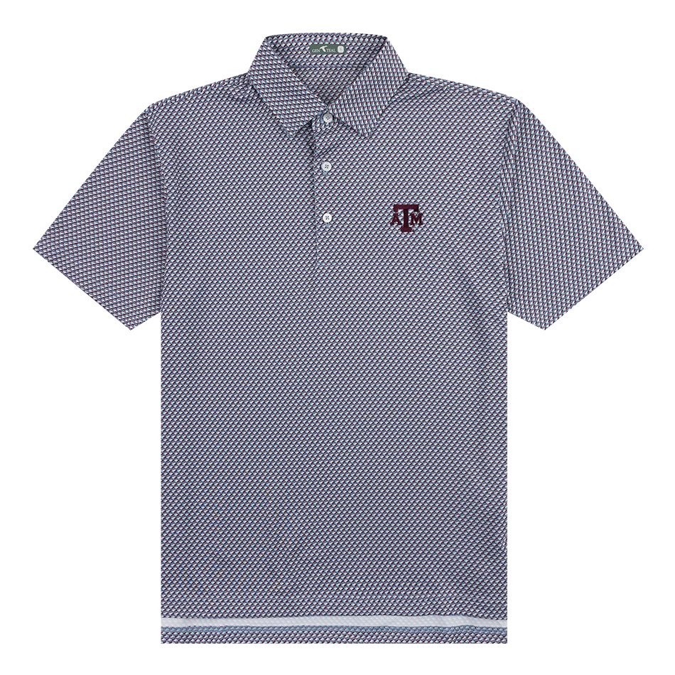 Blue and maroon geo box print polo with maroon ATM logo on the left side of the chest.