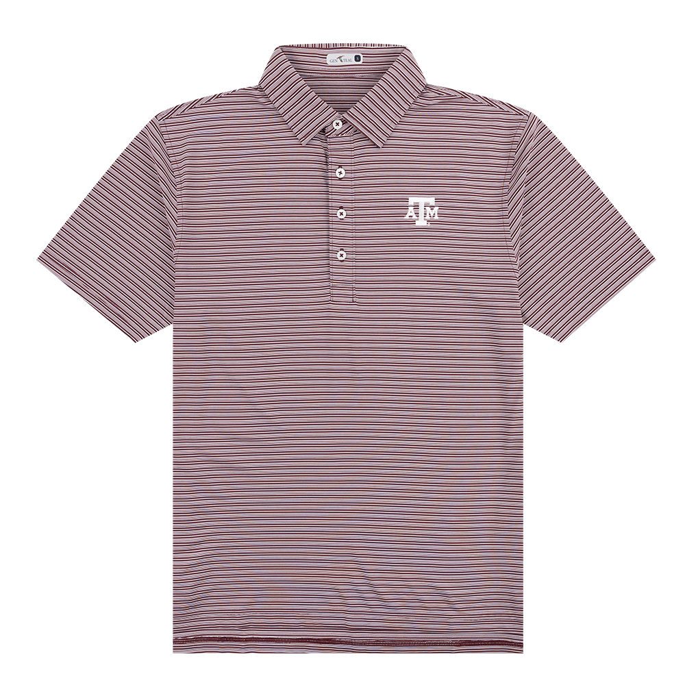 Maroon and white striped polo with white ATM logo on the left side of the chest.