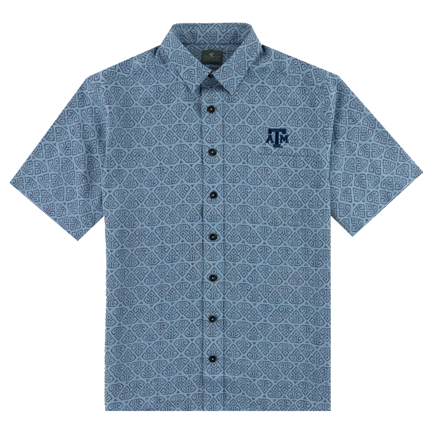 Light blue button down shirt with dark blue designs and ATM logo