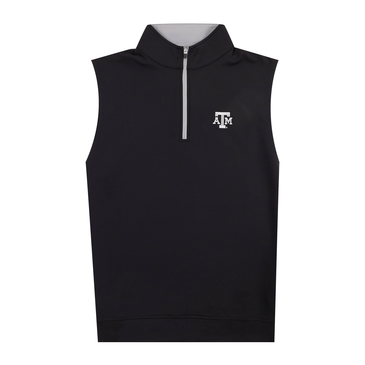 Black performance quarter zip vest with gray ATM logo on the left side of the chest.