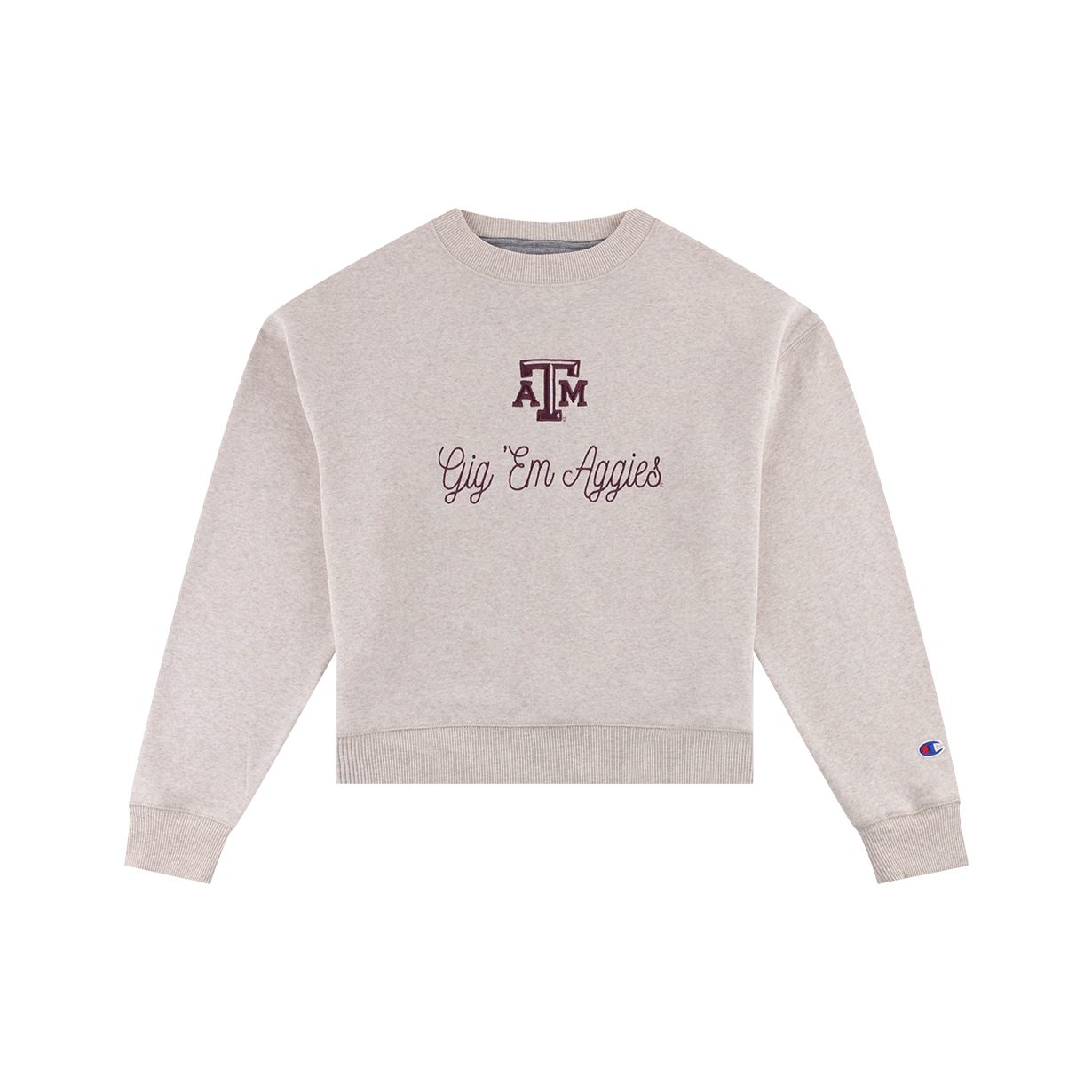 Cream crop sweatshirt with "Gig 'Em Aggies" and an ATM logo in maroon.