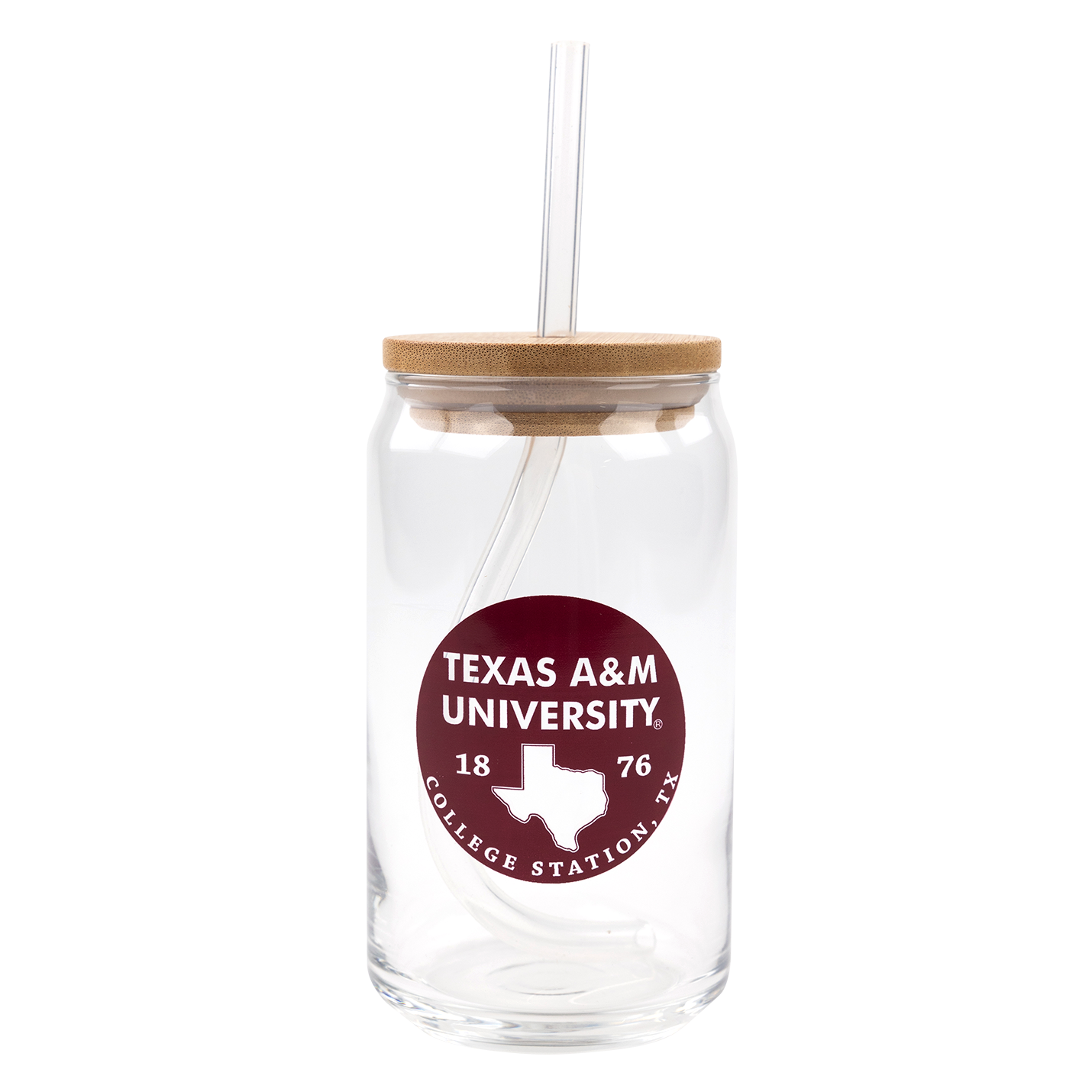 Clear jar with maroon ATM decal and lid with straw