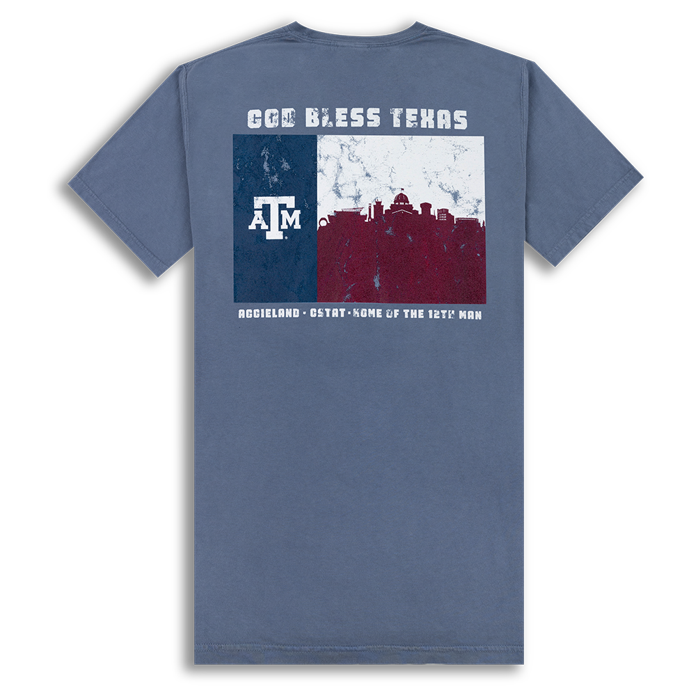 Blue t-shirt with the Texas flag and "GOD BLESS TEXAS" in white