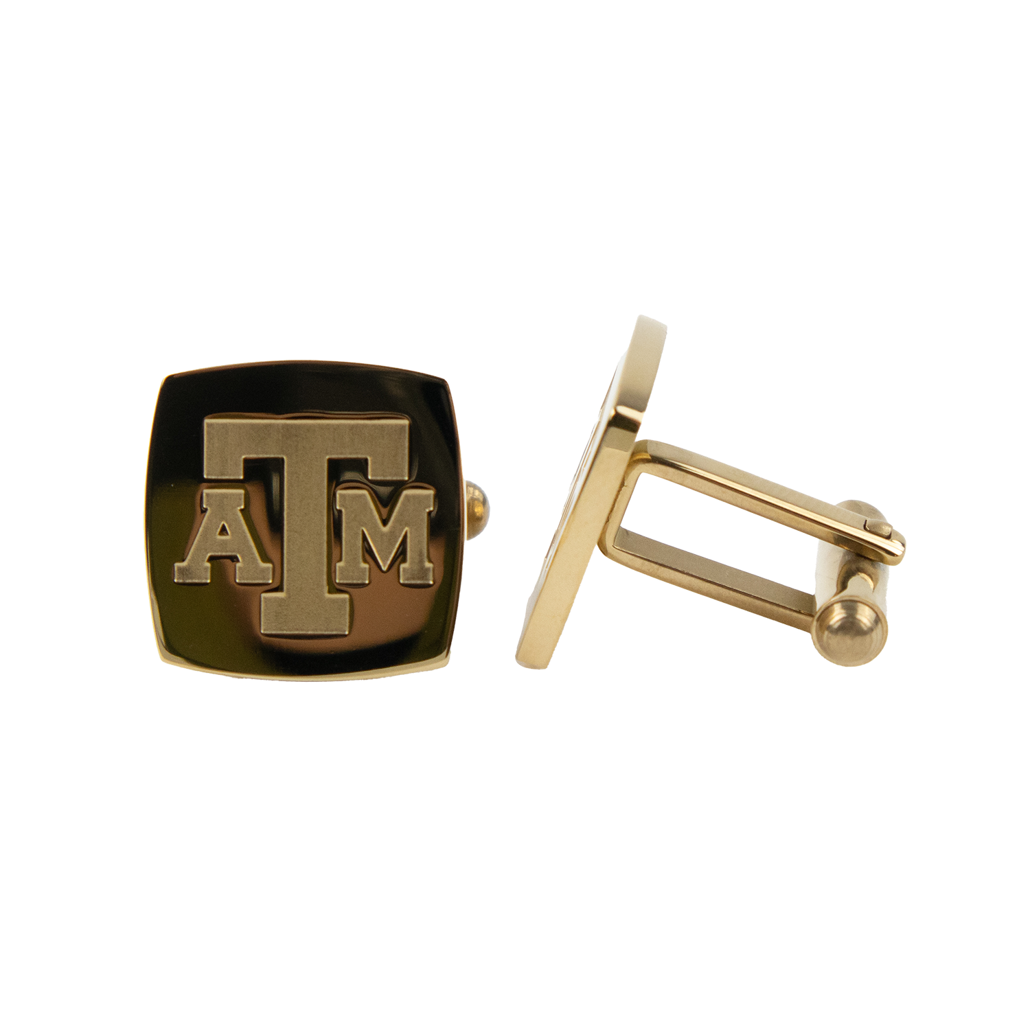 Gold cufflinks. A&M is on the front in gold raised lettering. 