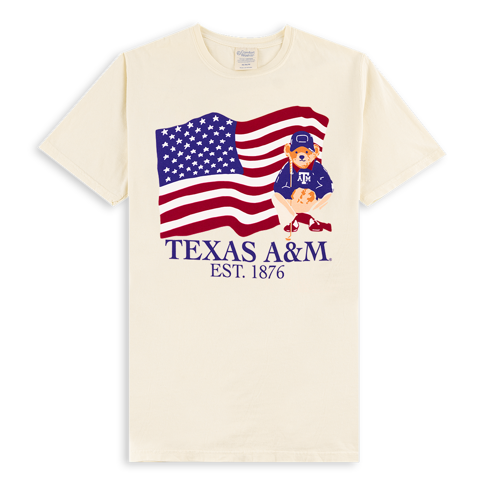 Cream t-shirt with TEXAS A&M red white and blue teddy bear design