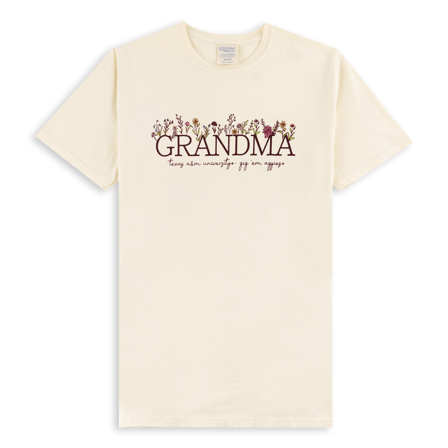 Cream white t-shirt with maroon GRANDMA text with flowers