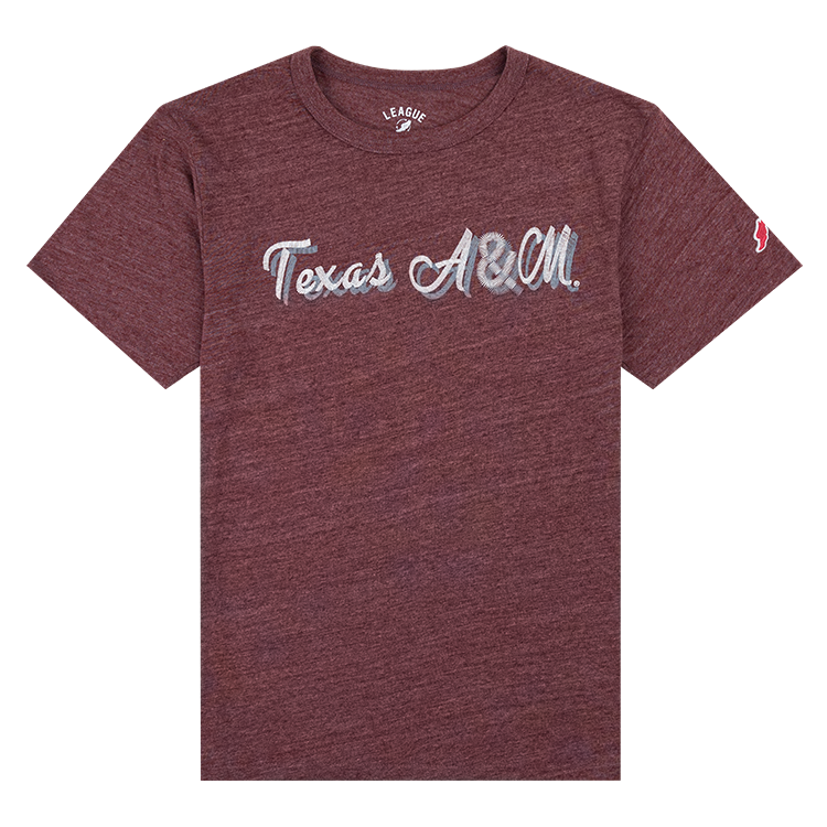 Distressed Maroon t-shirt with White layered  Texas A&M across chest