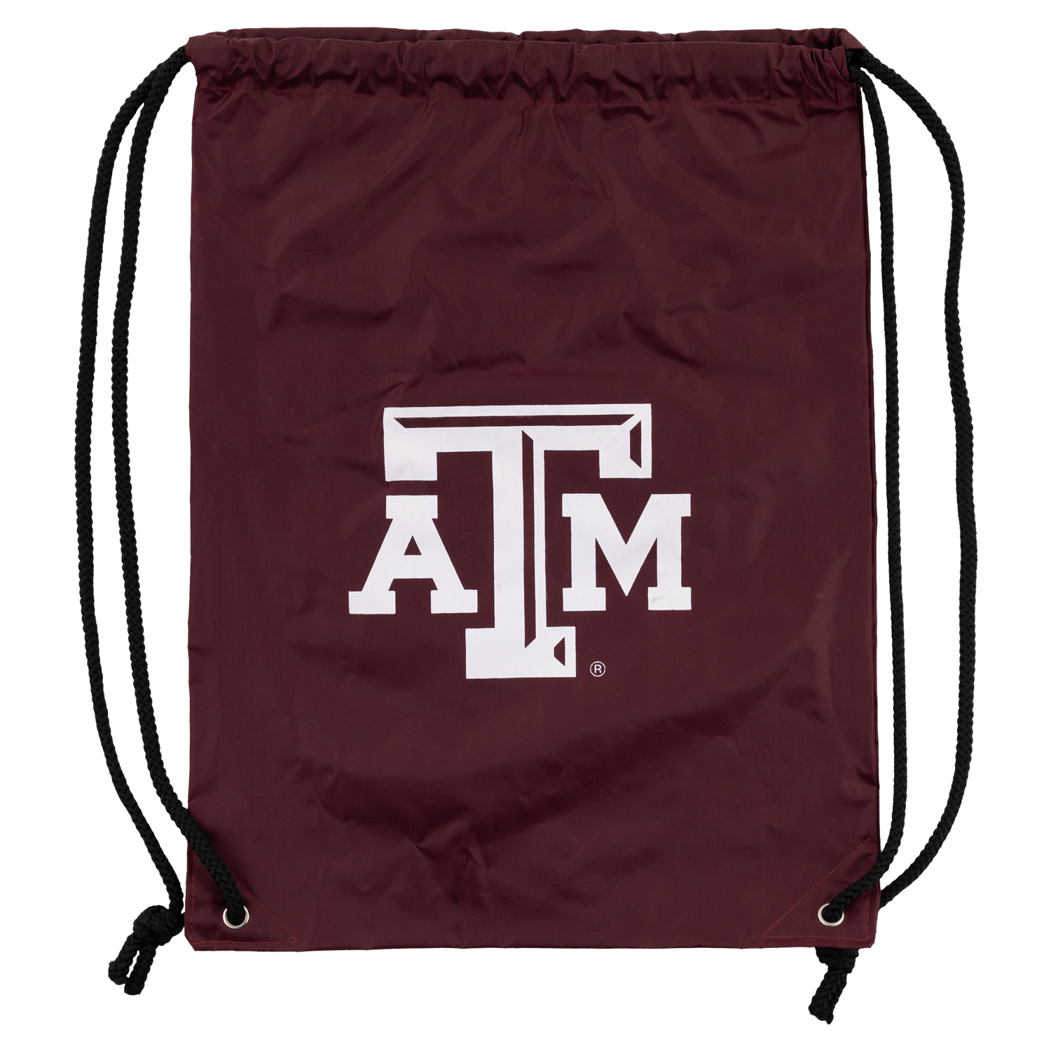 Maroon drawstring bag with white ATM logo