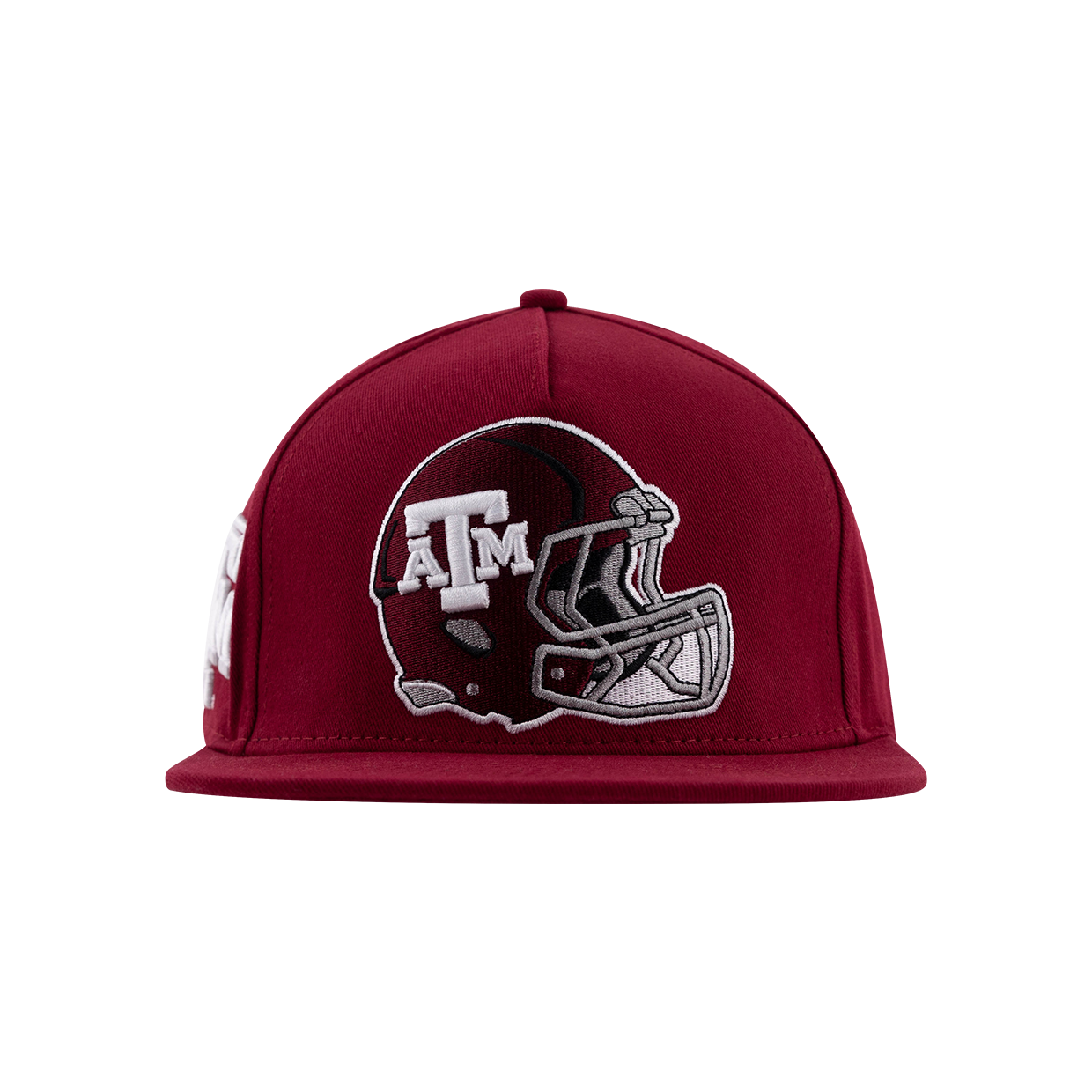 Maroon snapback flat brim cap with a Texas A&M helmet with white ATM logo on the side