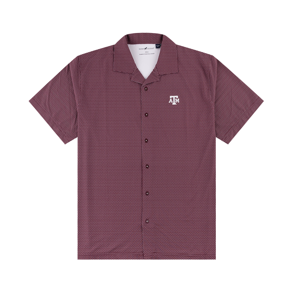 Maroon checkered polo with white ATM logo on the left side of the chest.