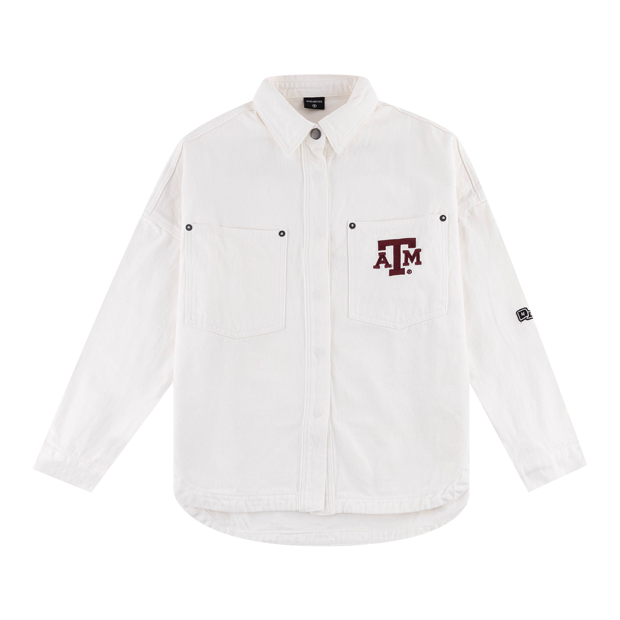 White button down jacket with maroon ATM logo on the let pocket.