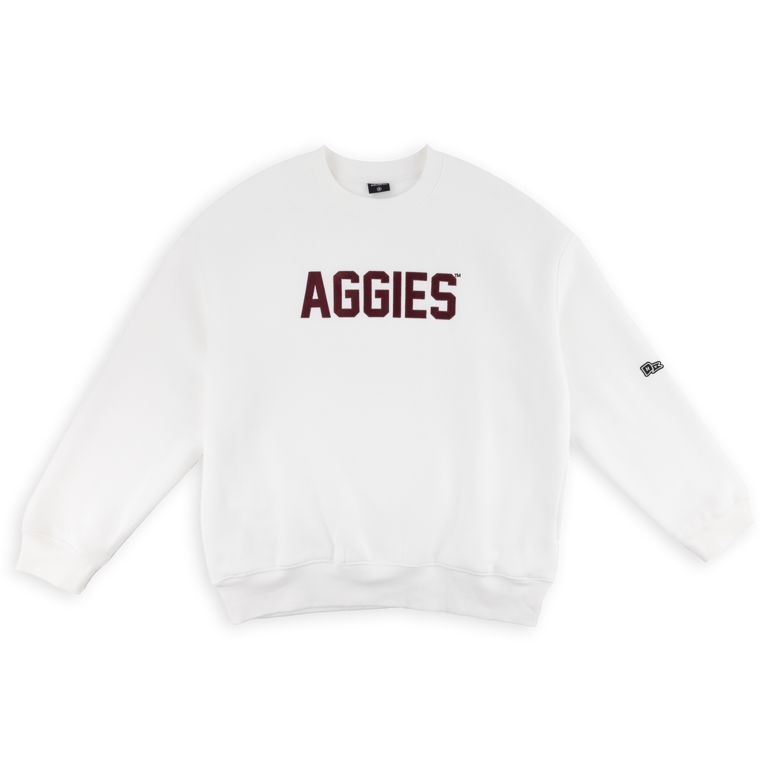 White long sleeve shirt with maroon "Aggies" print