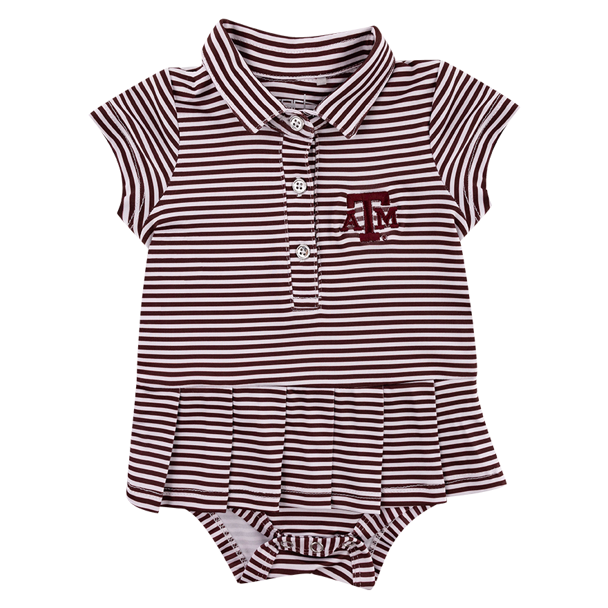 Maroon and white striped infant polo dress with maroon ATM logo on the left side of the chest