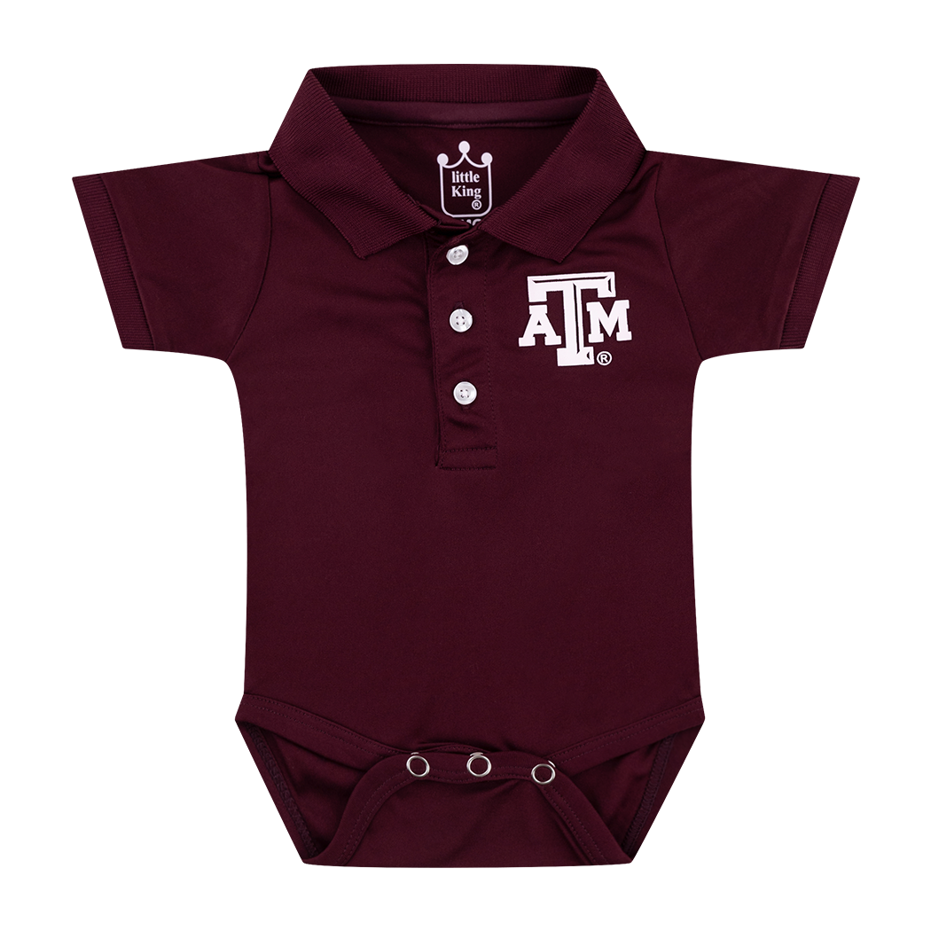 Maroon polo bodysuit with white, beveled ATM logo on the left side of the chest