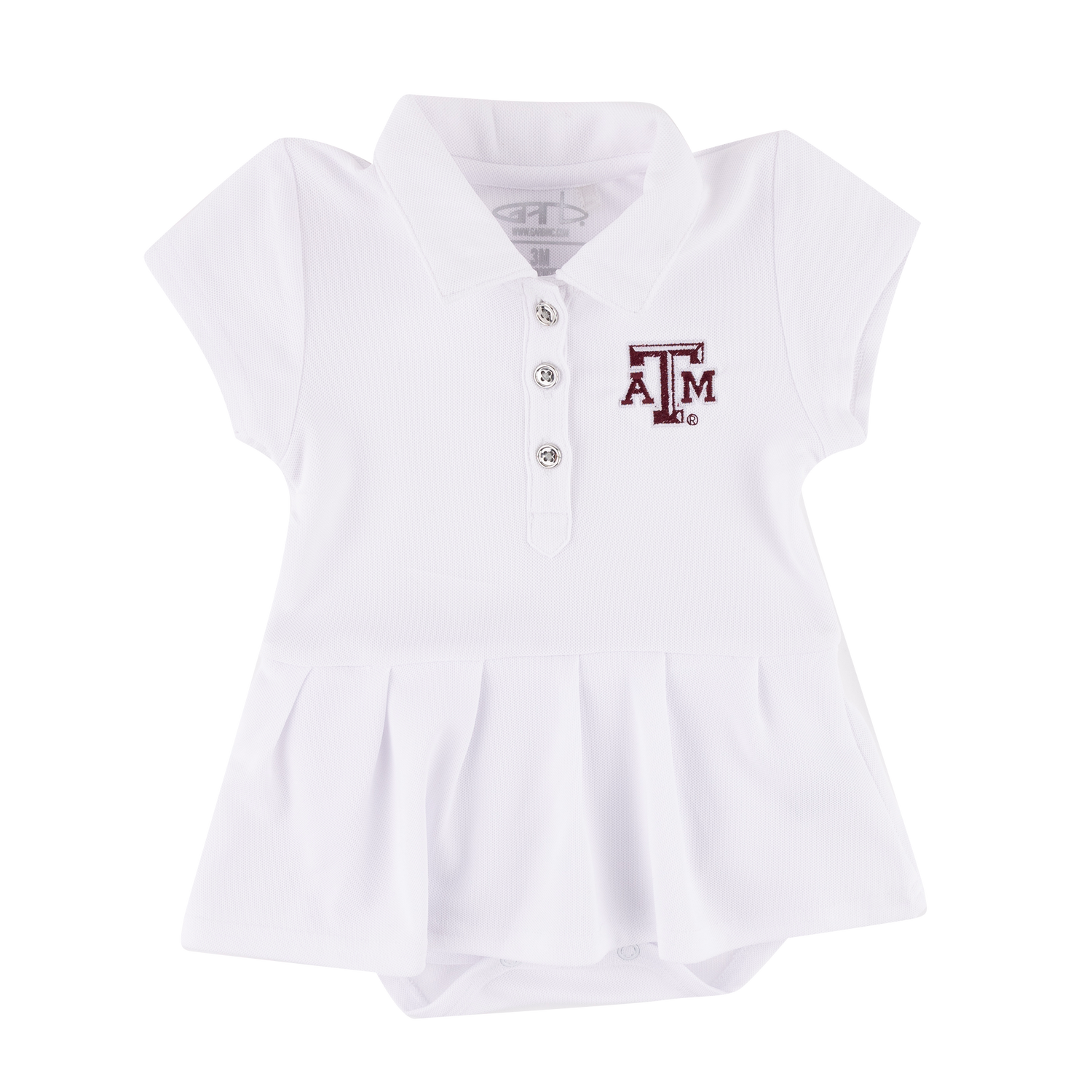 White infant polo dress with maroon, beveled ATM logo on the left side of the chest.