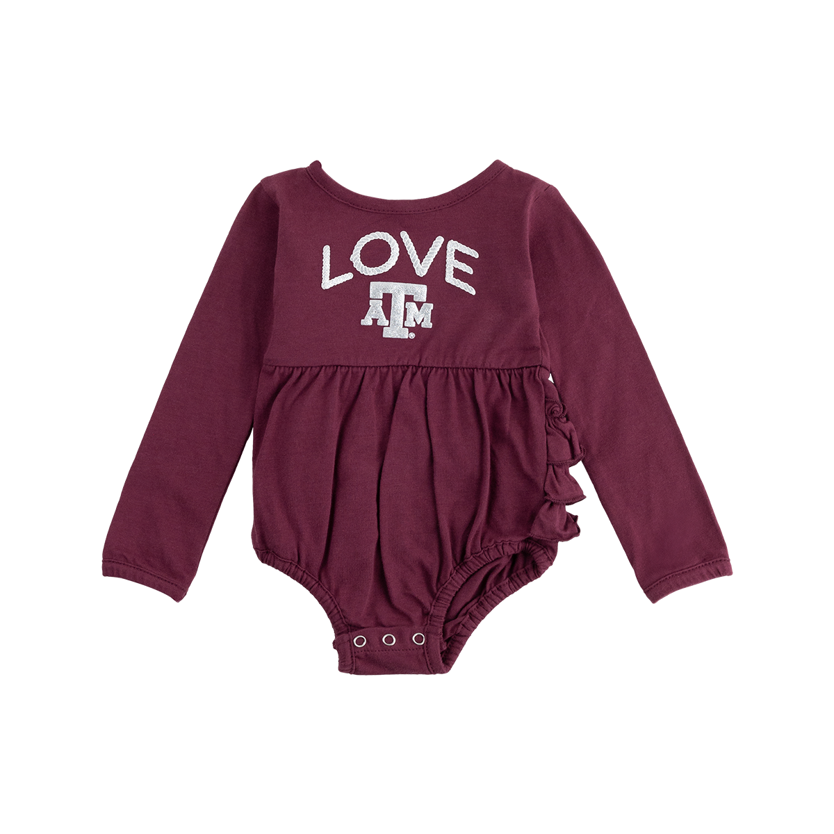 Maroon long sleeve bodysuit with "LOVE ATM" in silver with the back of the bottoms in ruffles