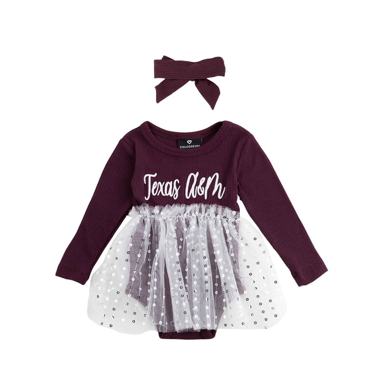 Maroon long sleeve dress with white sparkly tulle dress. "Texas A&M" in white. comes with maroon headband