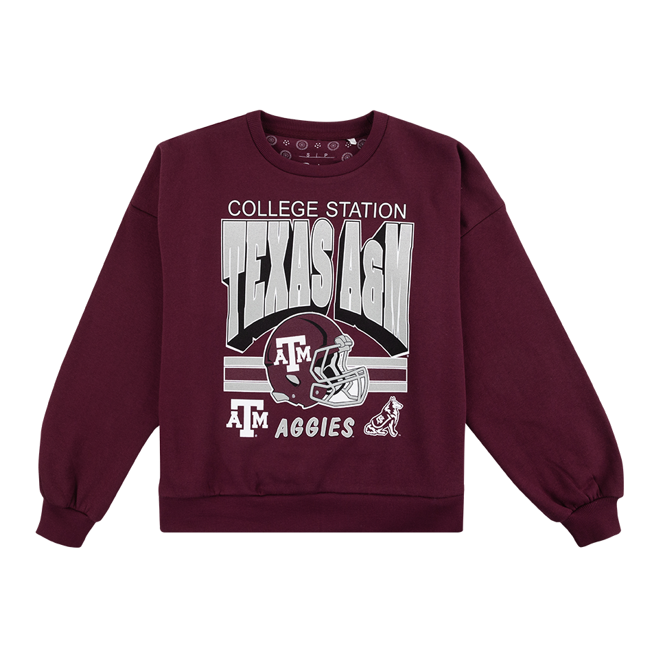 Maroon Long Sleeve shirt with TEXAS A&M print and football decals