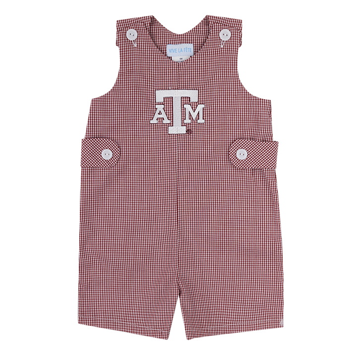 Maroon and White checkered toddler overalls with buttons and white ATM logo