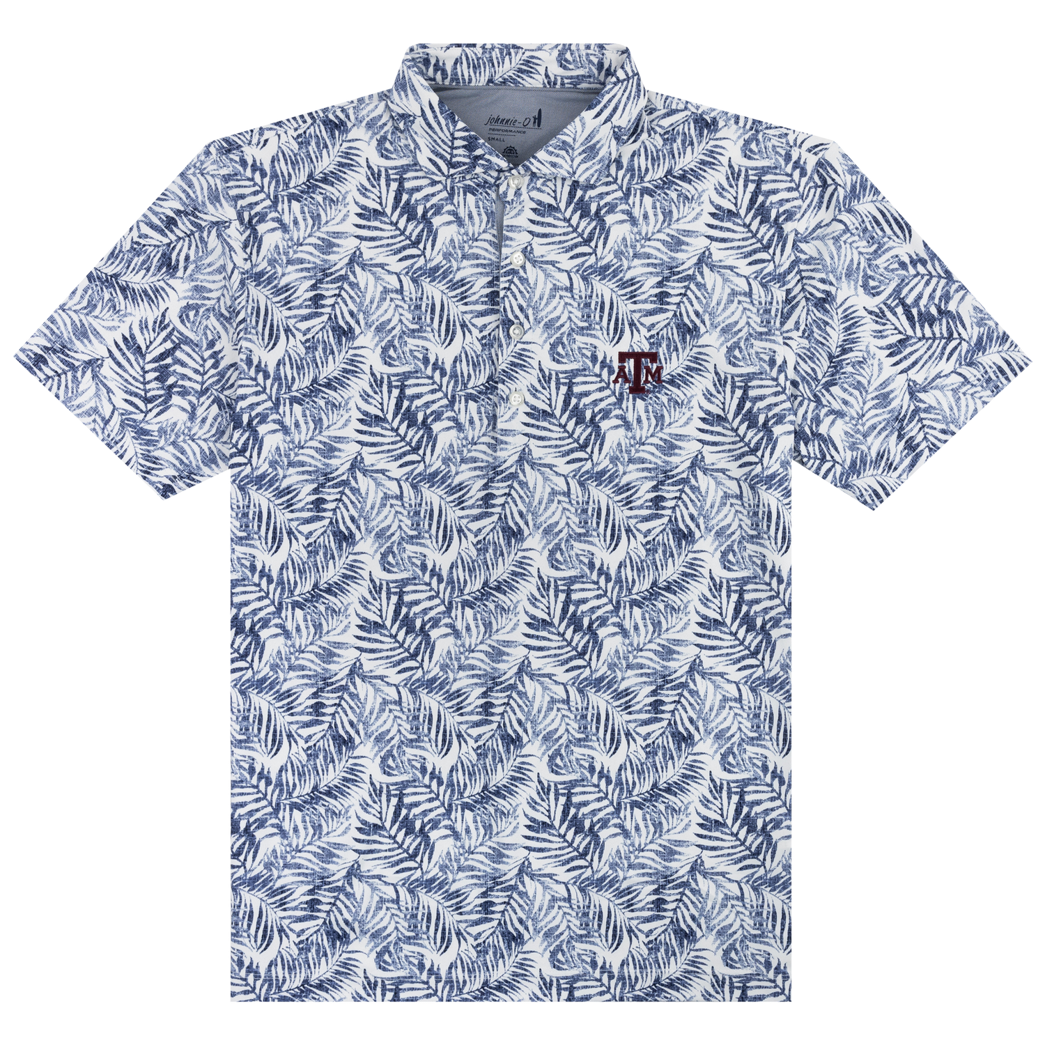 White polo with blue tropical leaf designs and maroon ATM logo