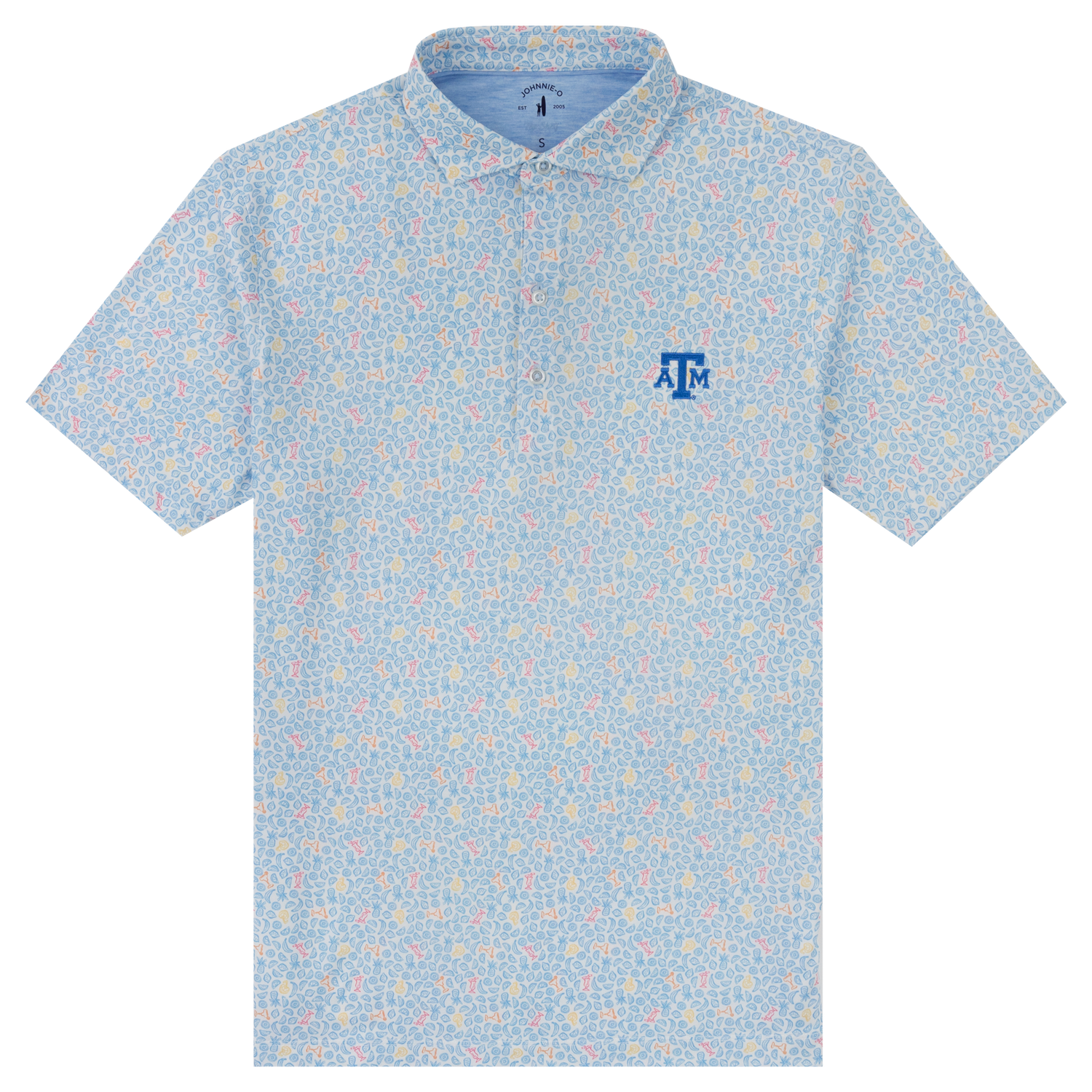 light blue Texas A&M Performance Polo with drinks 