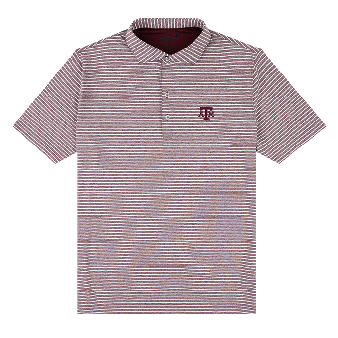 A maroon and white striped polo with a maroon A&M logo embroidered on the left chest. 