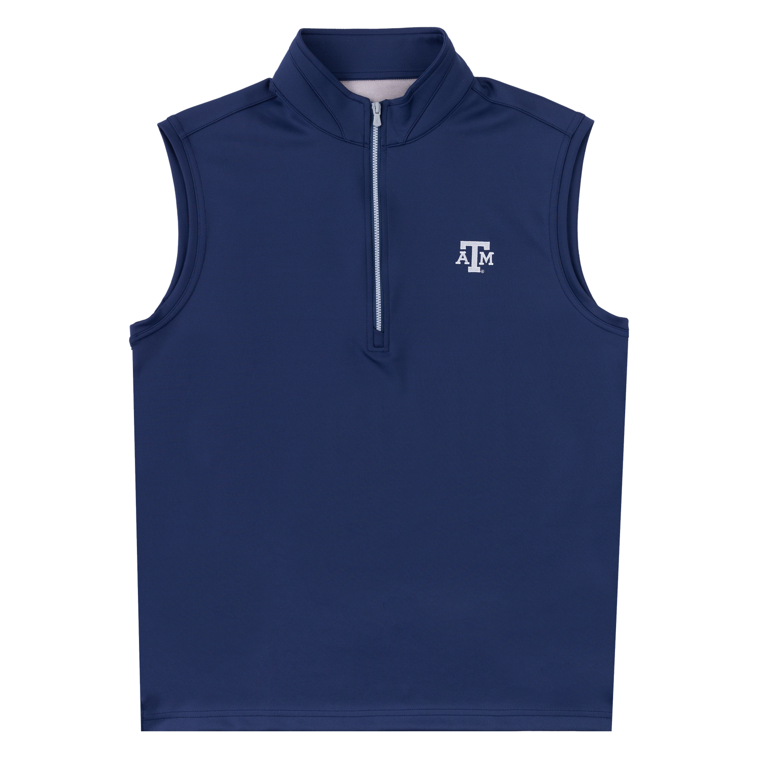 A  blue Johnnie-O Dave vest with a white A&M logo embroidered on the left chest