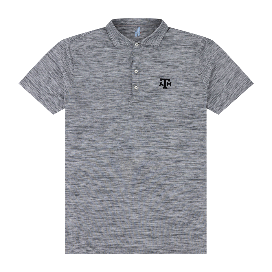 Gray and black heathered polo with black ATM logo on the left side of the chest