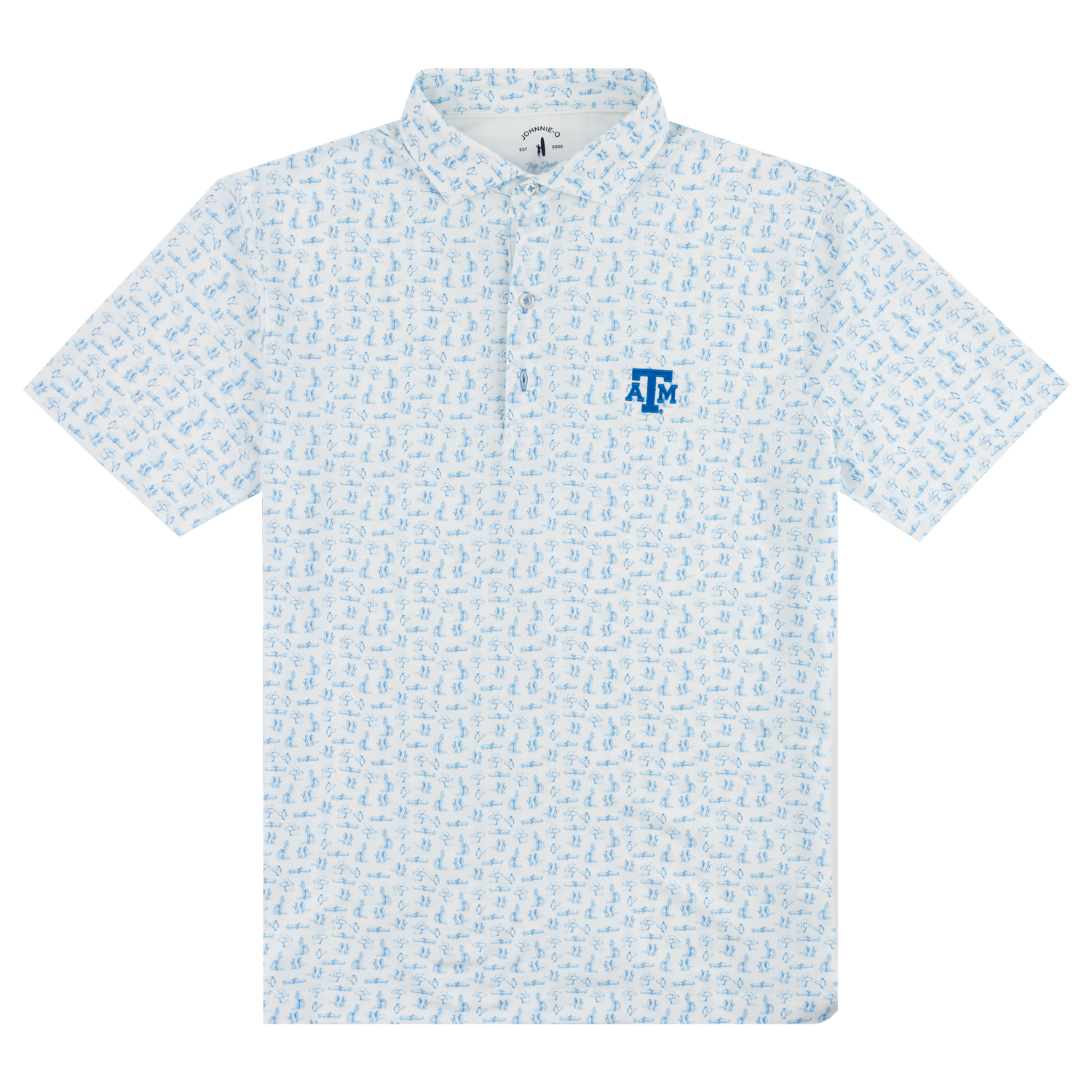 White polo with blue designs and ATM logo