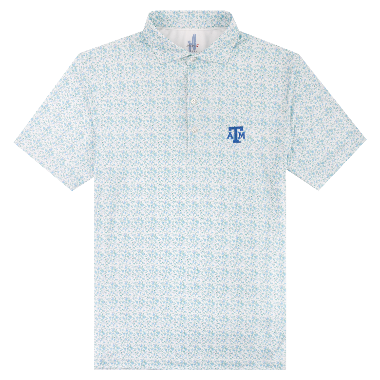 White polo with small designs and blue ATM logo