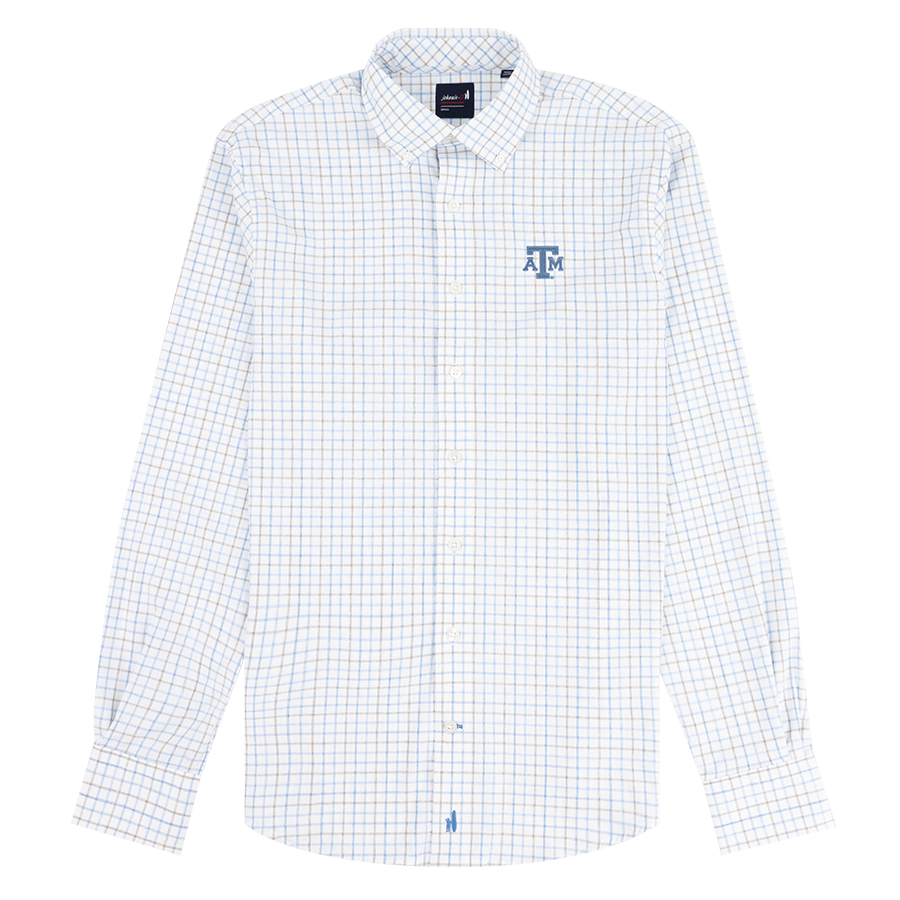 White button down with light blue and tan plaid pattern with light blue ATM logo on the left side of the chest