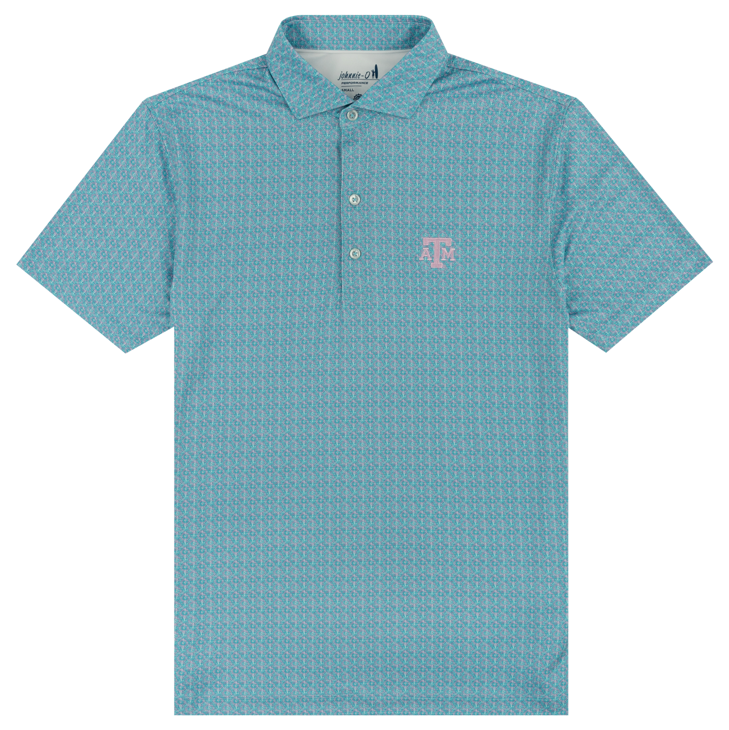 Teal polo with small dots and silver ATM logo