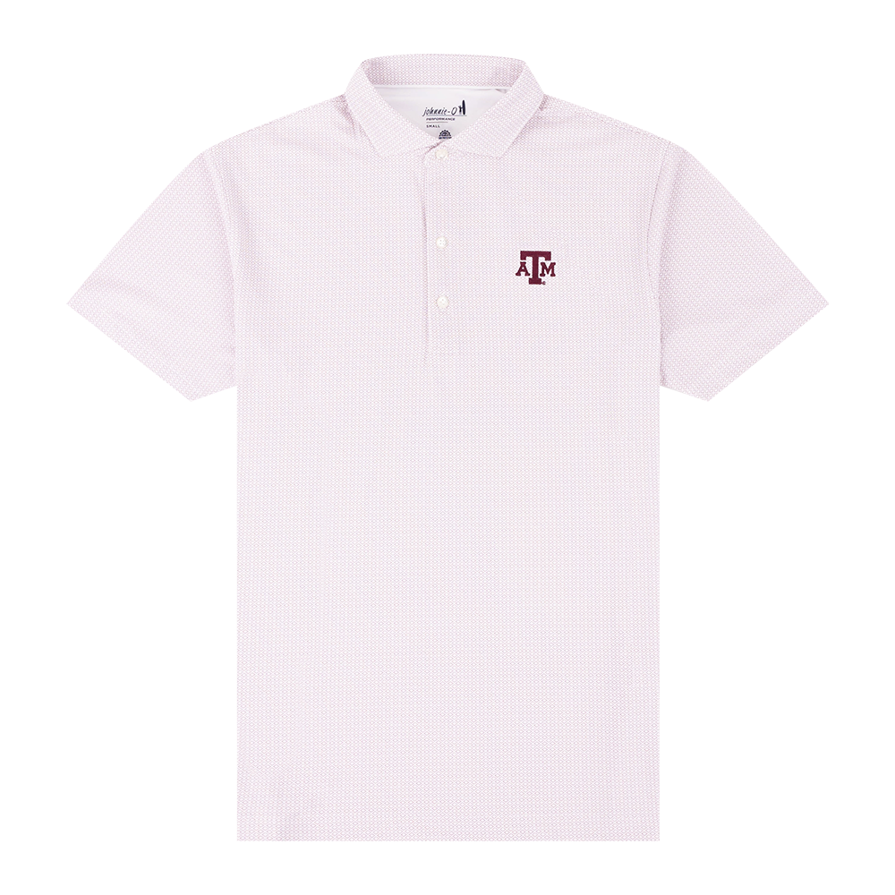 White polo with maroon dotted diamond pattern with maroon ATM logo on the left side of the chest