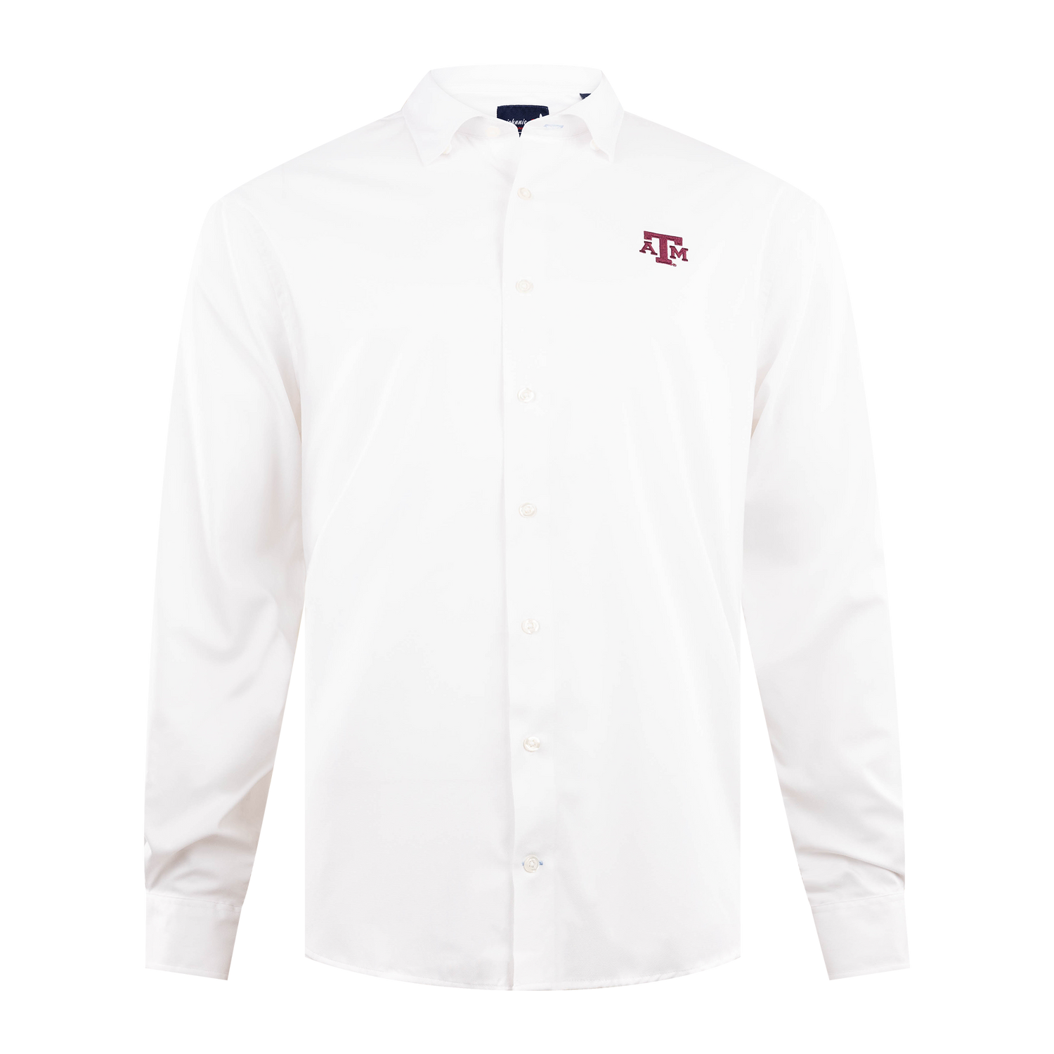 Johnnie-O Long-sleeved Button up. It is white with an Texas A&M Emblem in Maroon on the upper left chest.