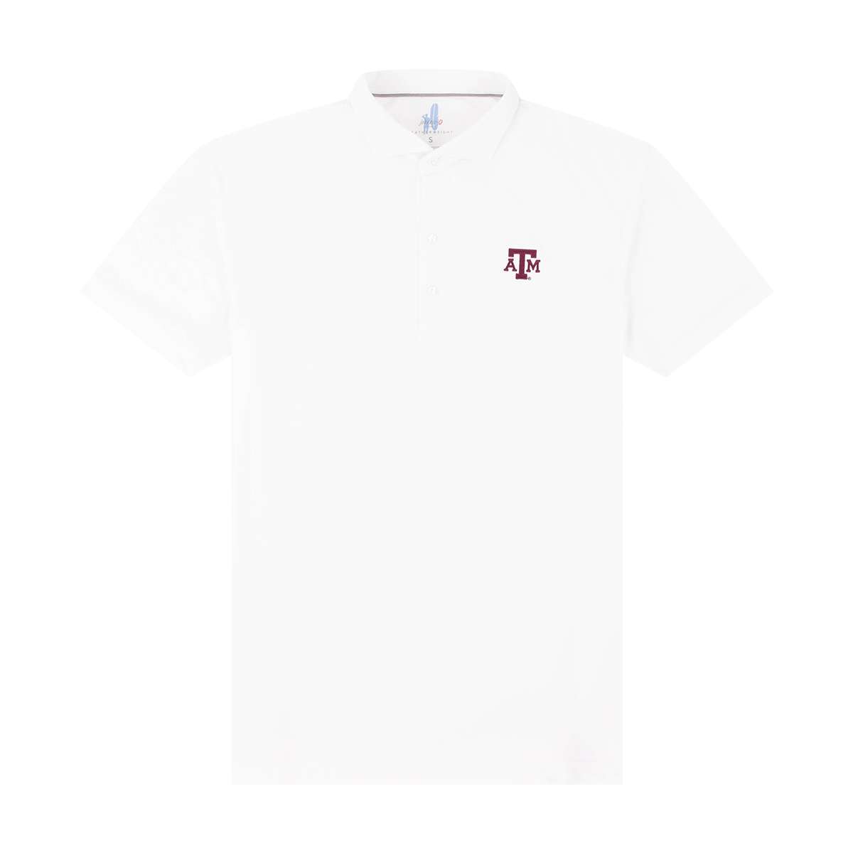 White polo with maroon ATM logo on the left side of the chest