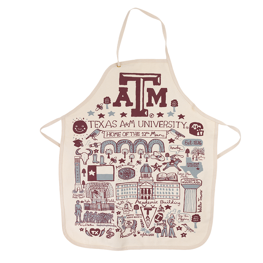 Tan apron with scattered Texas A&M designs and decals 