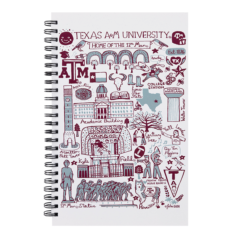 White spiral journal with graphics of everything Texas A&M on the front.