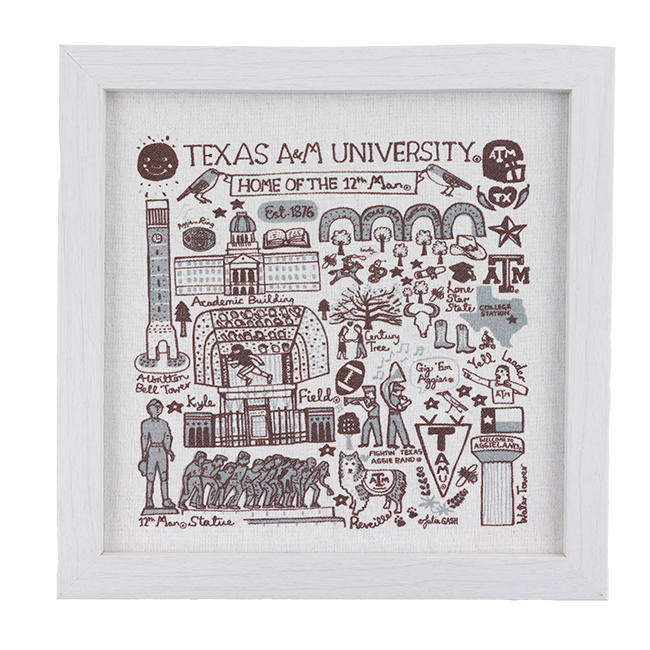 A canvas print in a white wood frame. The print background is white and the images are in maroon or light grey. The images make up a collage of things that resemble Texas A&M.