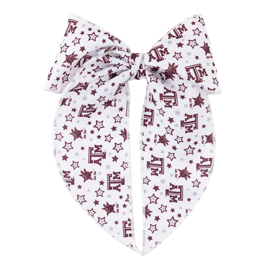 A white bow with medium length flowy tails. There are maroon A&M logos and stars printed throughout. 