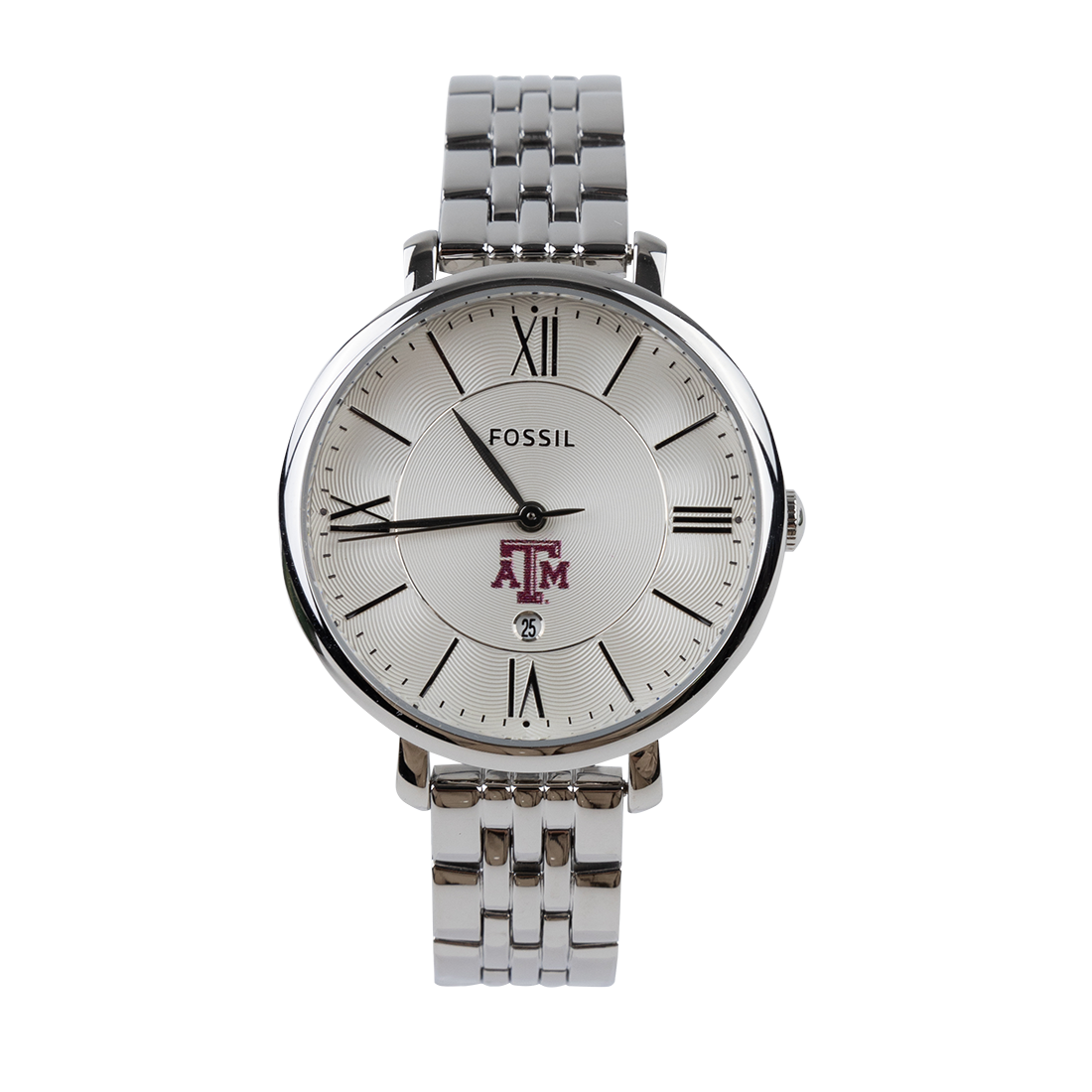 Minimalist silver Fossil watch with maroon ATM logo