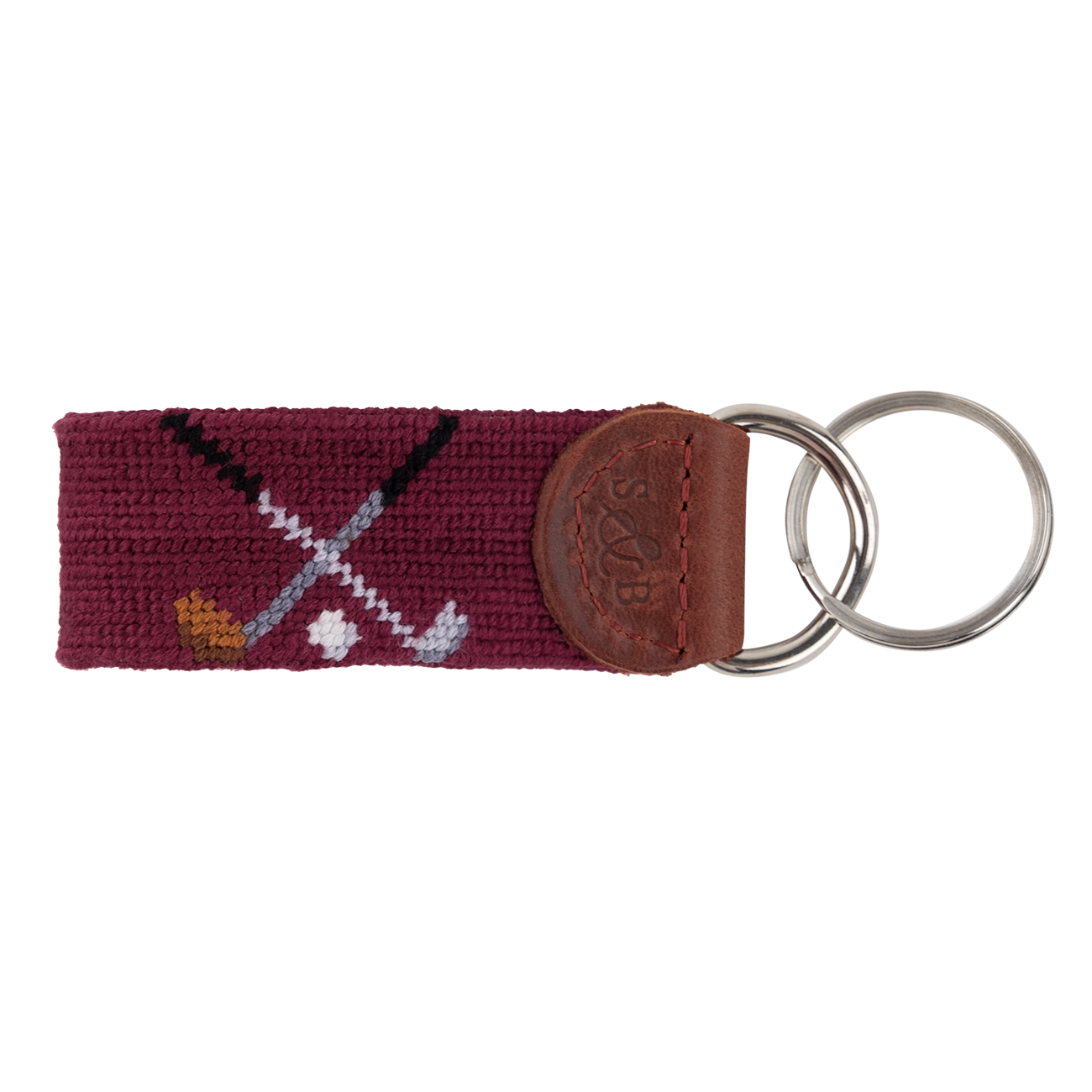 Maroon stitched key fob with crossed golf clubs