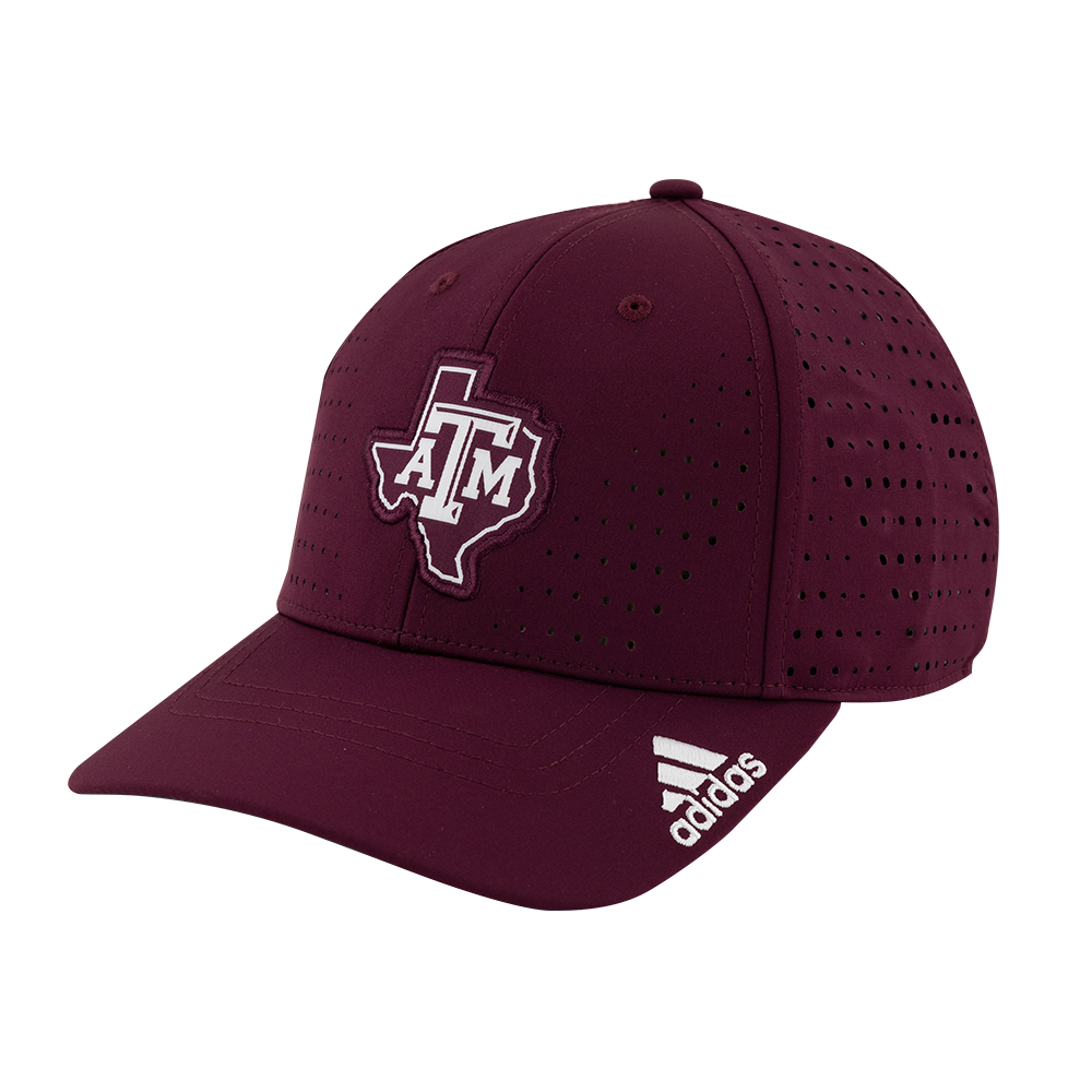 Maroon Adidas Texas A&M Breathable Hat with holes and Texas A&M Lonestar Logo.