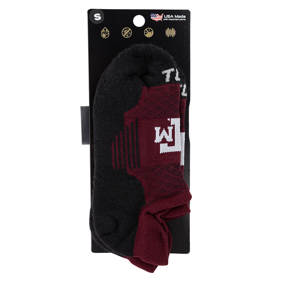 Maroon and Black low cut socks with white ATM logo