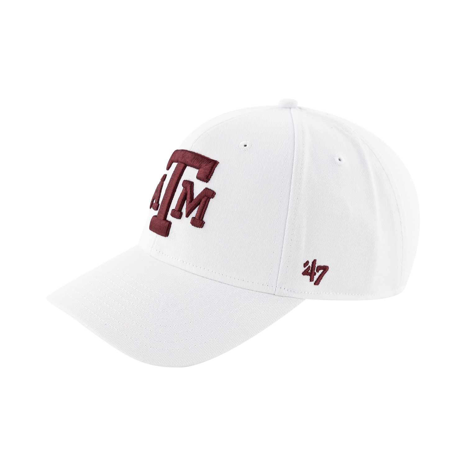 White hat with maroon ATM logo.