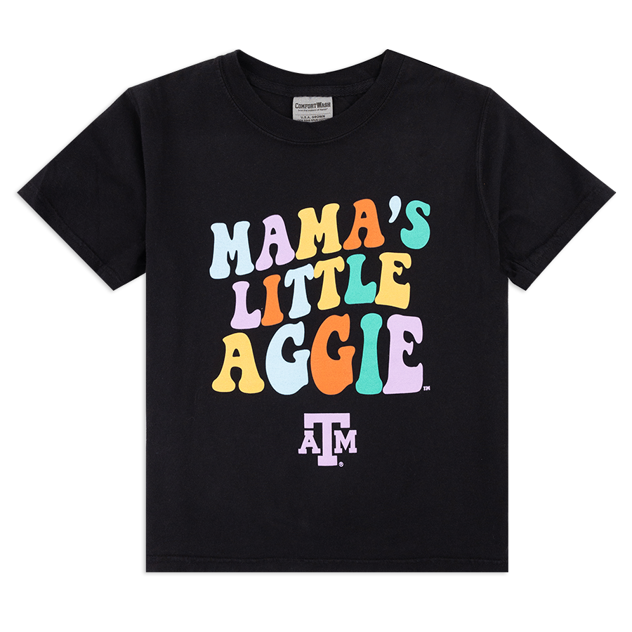 Black youth t-shirt with multi-colored lettering spelling out "Mama's Little Aggie" with ATM logo beneath