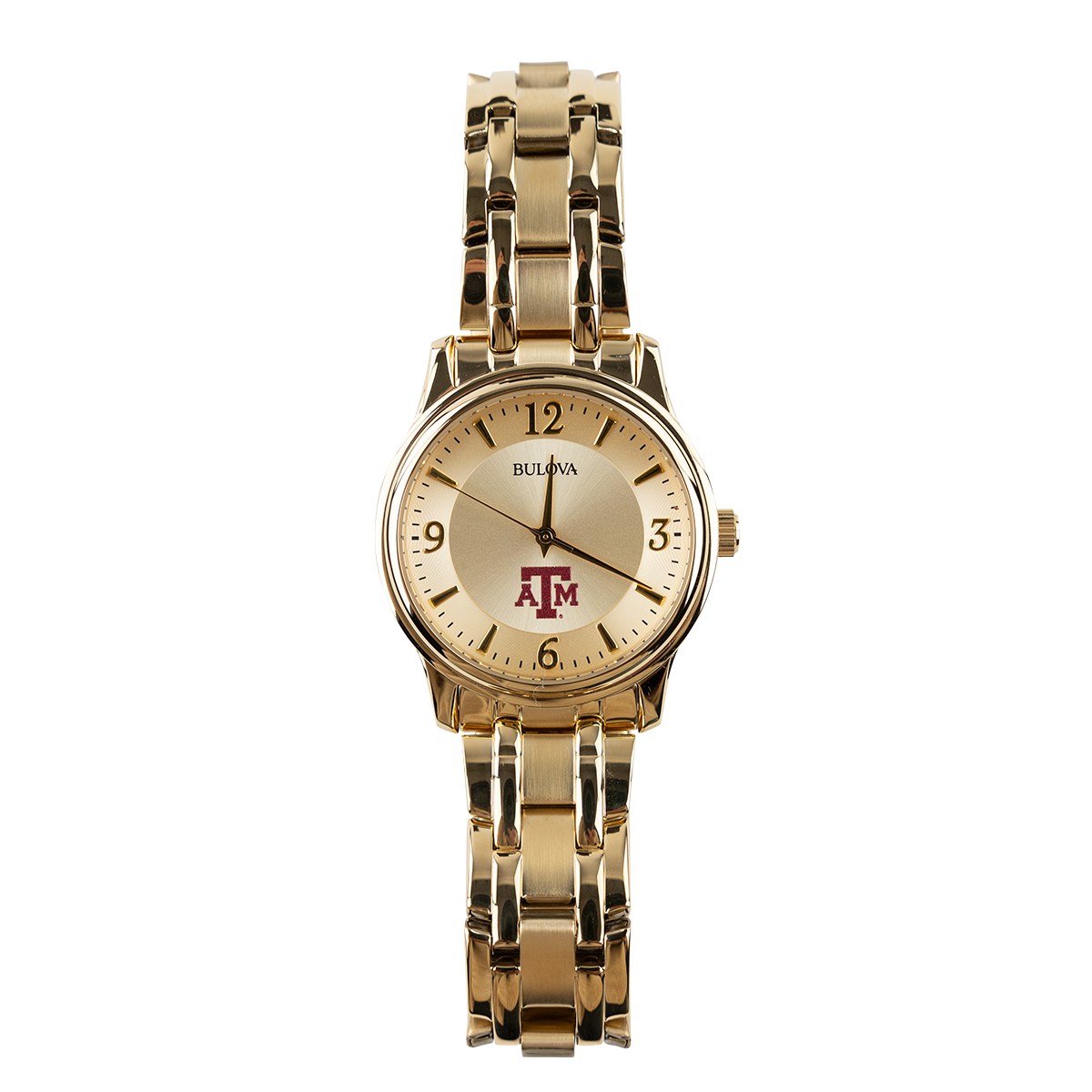 Gold watch with maroon ATM logo