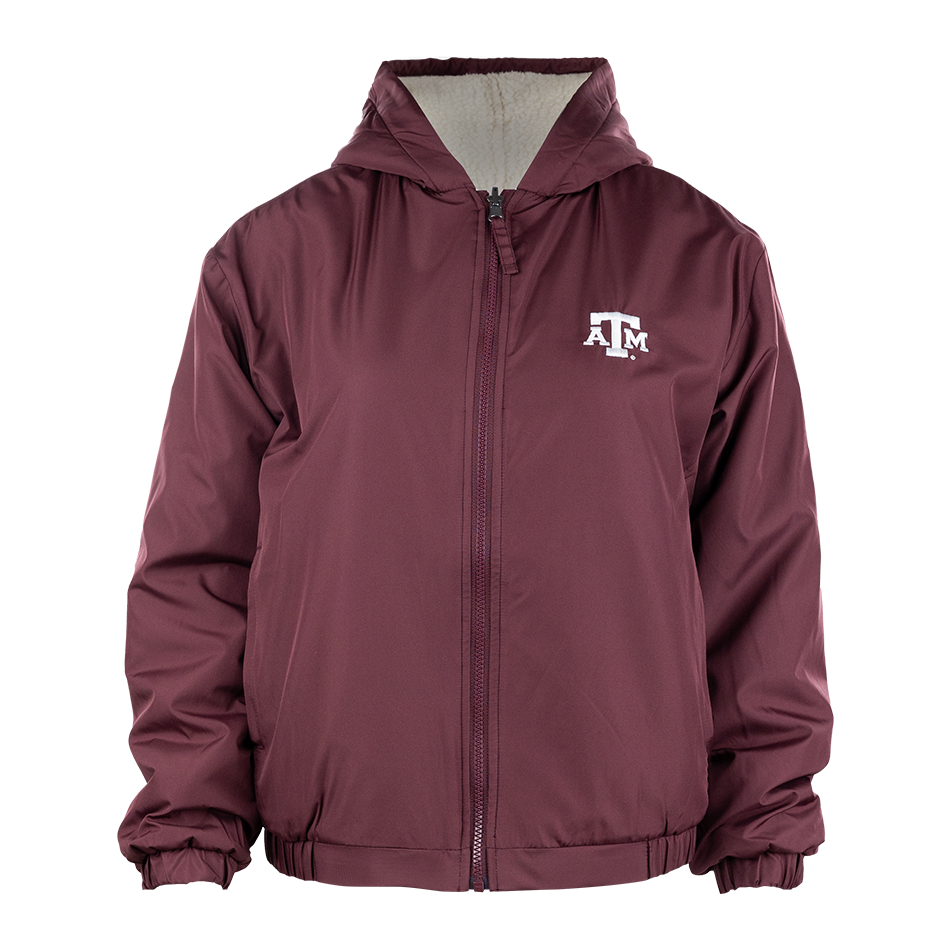 Maroon reversible jacket with white ATM logo on the left side of the chest.