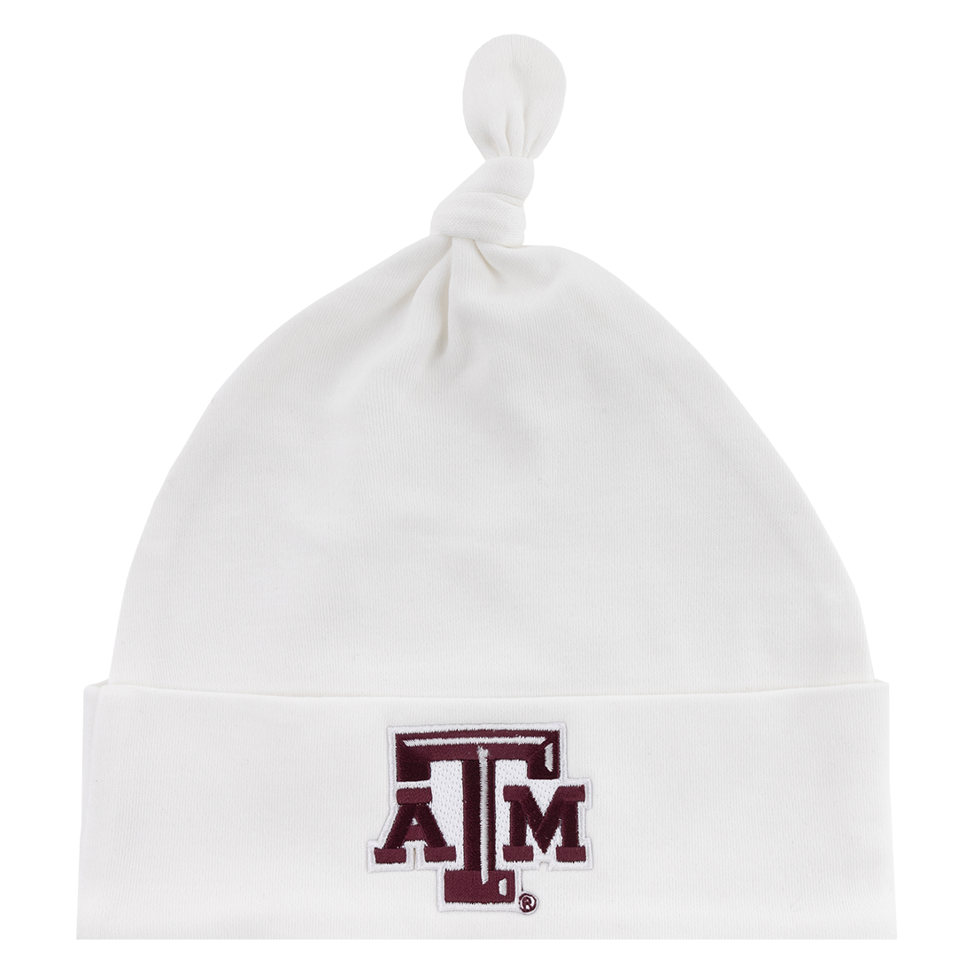 White infant cotton beanie with maroon ATM logo