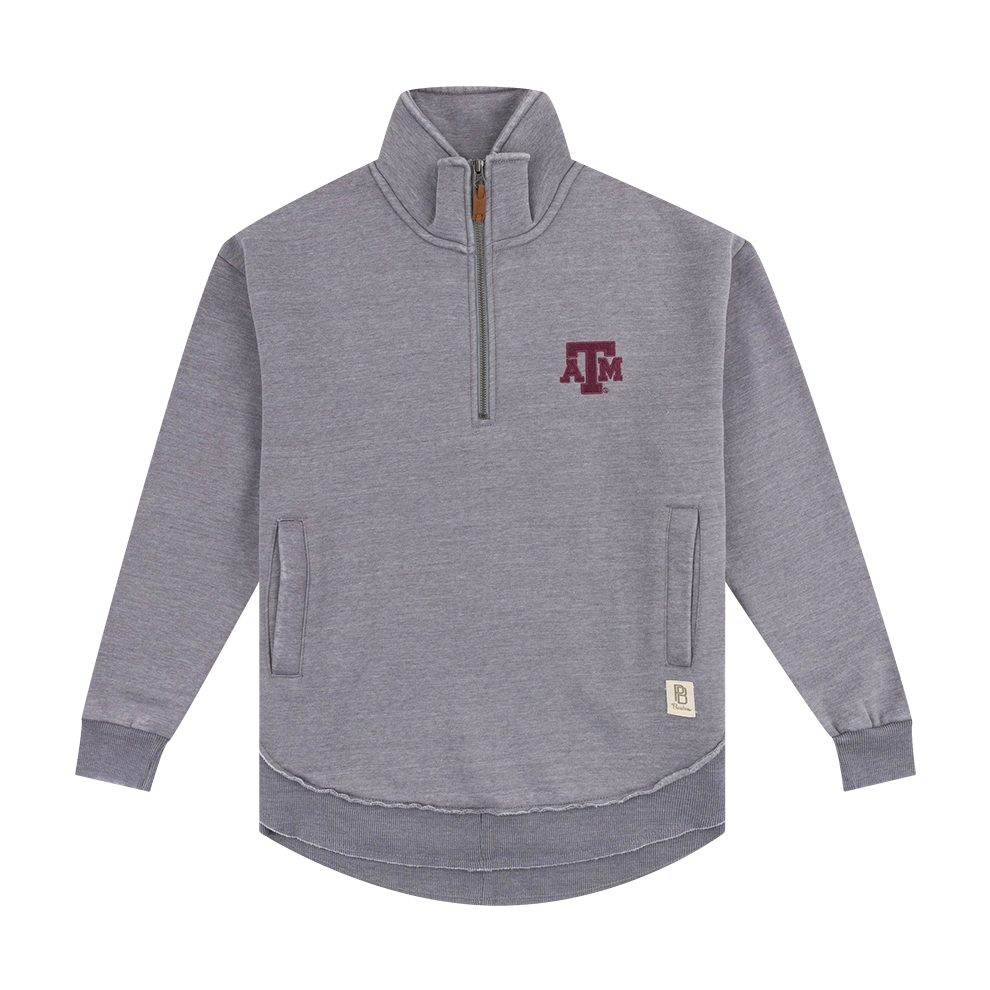 Gray quarter zip with maroon ATM logo and pockets.