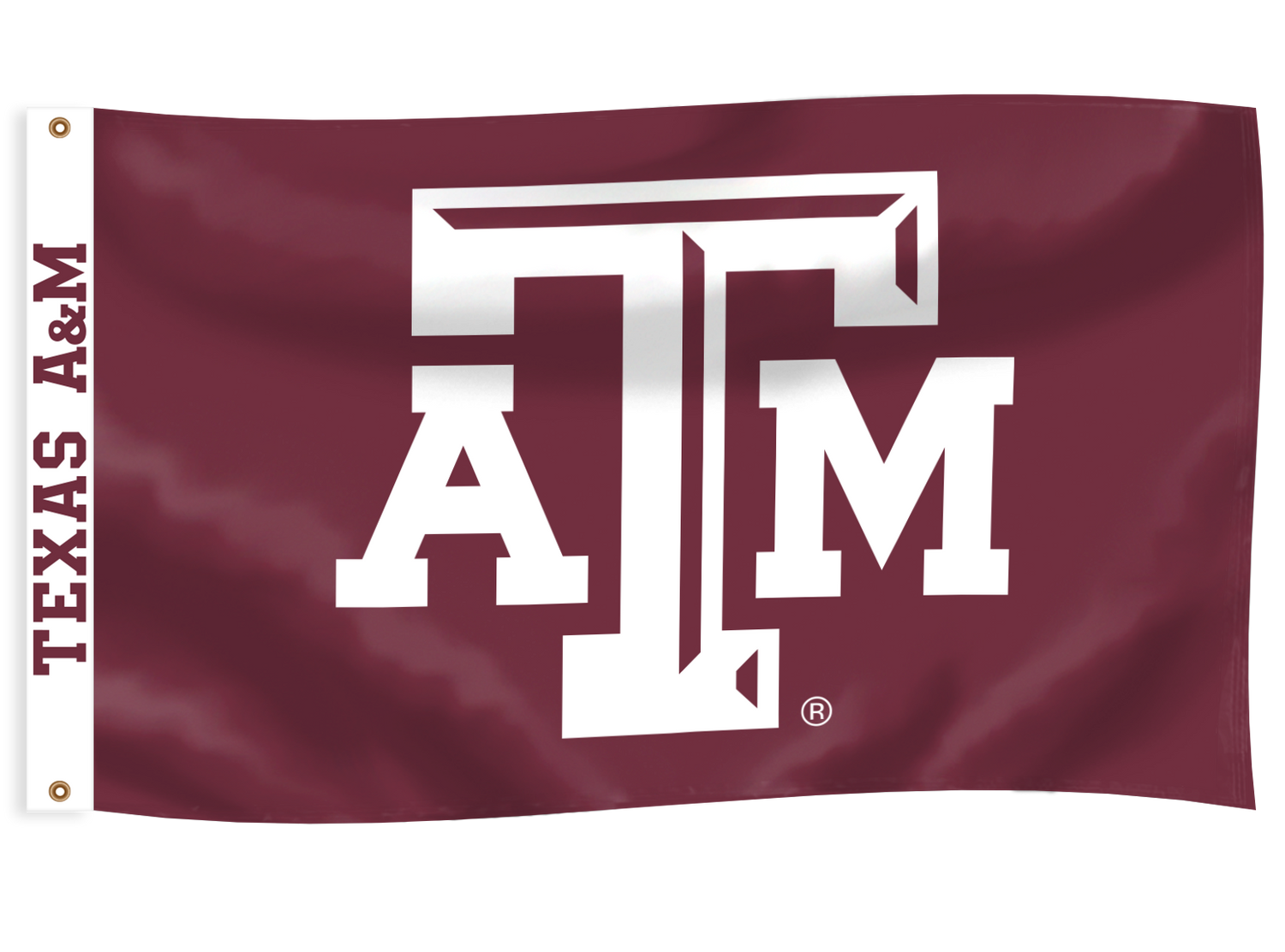 One-Sided Maroon Flag with white ATM logo and white bar along left ide with maroon TEXAS A&M print